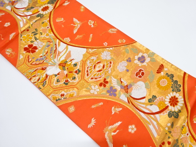 アンティーク　尾長鳥に蜀江・草花模様織り出し袋帯（材料）